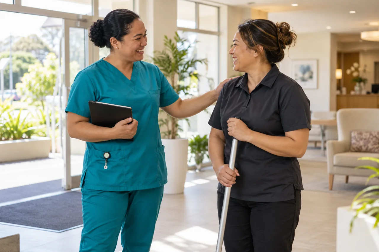 Illustrative care and cleaning professionals greeting each other in a welcoming facility