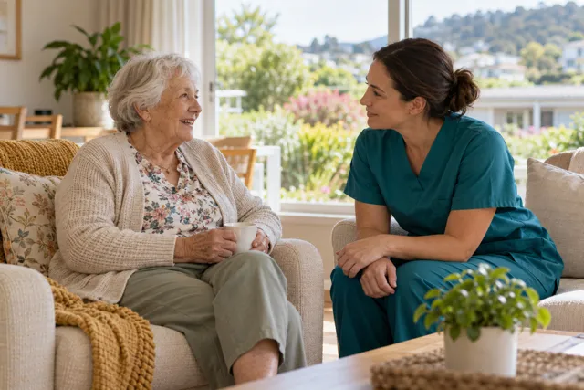 Illustrative caregiver listening to an older woman in a sunny care lounge