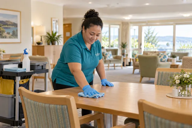 Illustrative domestic staff member cleaning a communal care dining table
