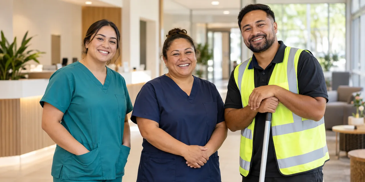 Illustrative care and cleaning professionals representing Auckland careers