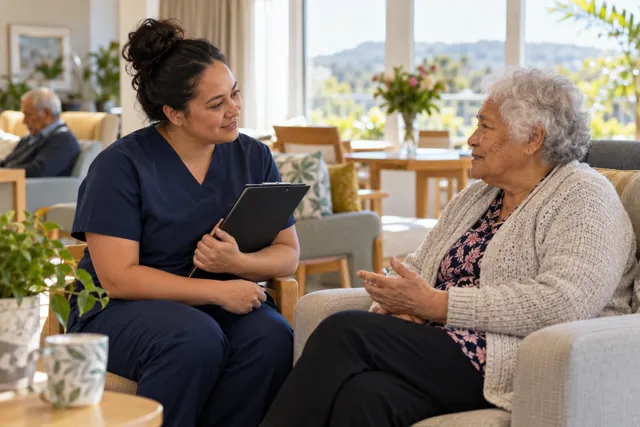 Illustrative registered nurse speaking with an older adult in a care lounge