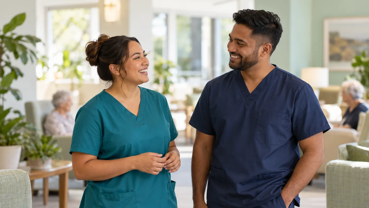 Illustrative healthcare professionals in teal and navy scrubs in a care setting